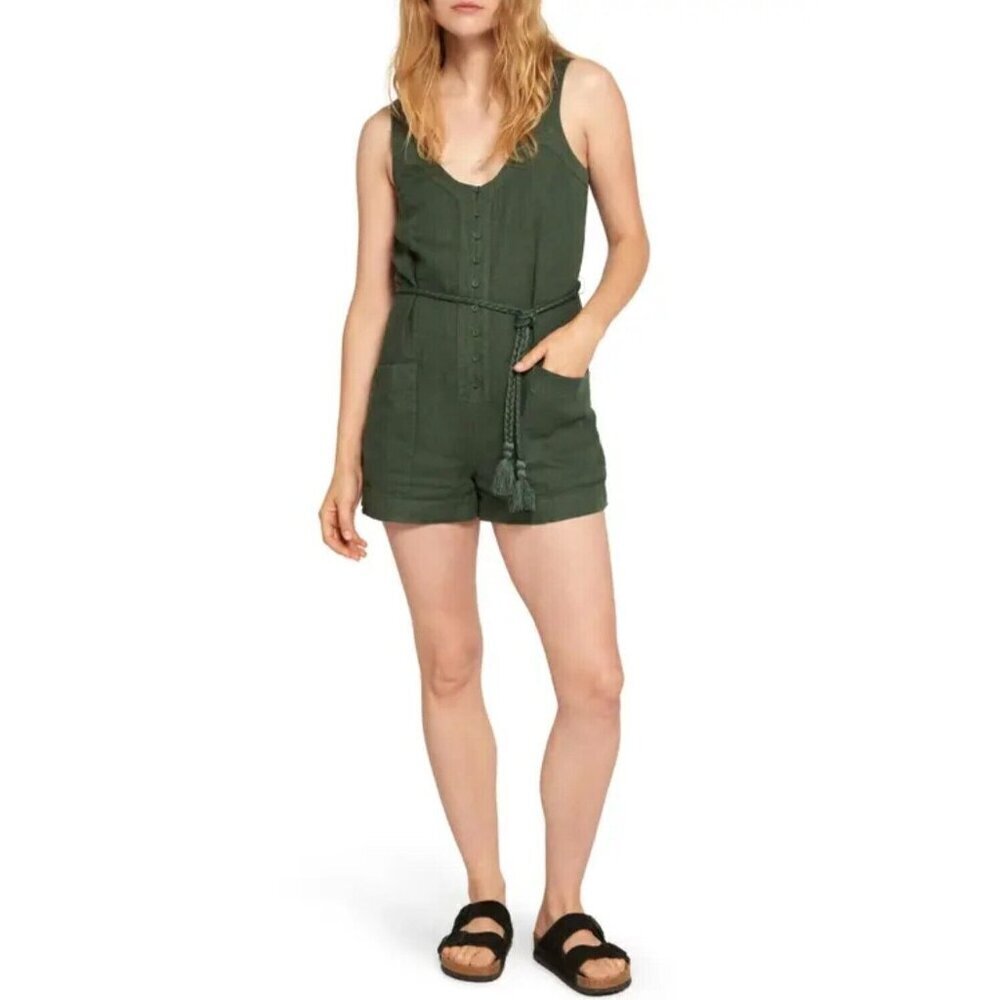 Joie Priya Waist Linen Romper in Jungle Green Size M Resort Wear Casual NWT